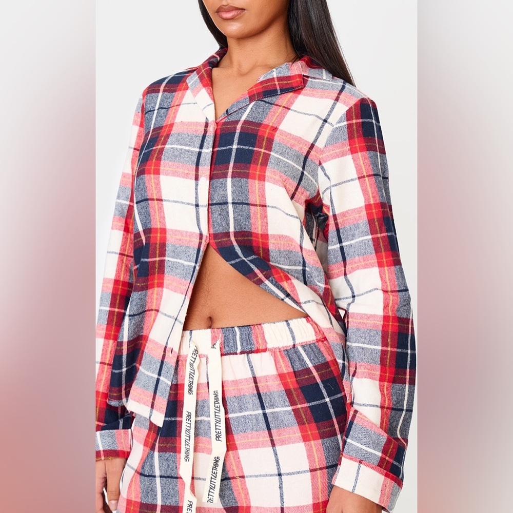 Pretty Little Thing Navy Plaid Long Sleeve Pajama Button Down Top